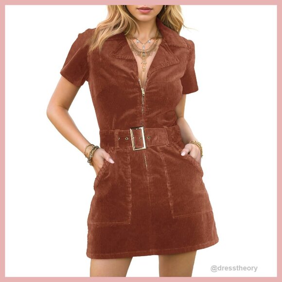 Corduroy Mini Dress with Pockets Zip Front Belted Cowgirl Style